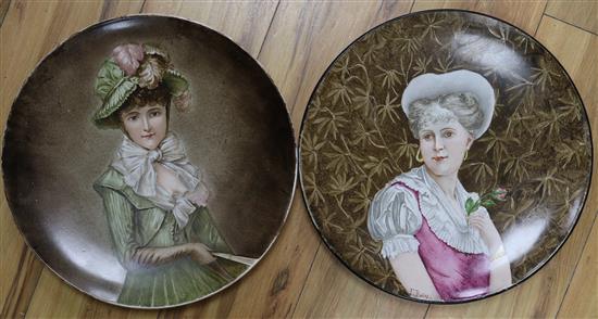 Two Creil Montereau B & Co. painted portrait dishes diameter 36cm